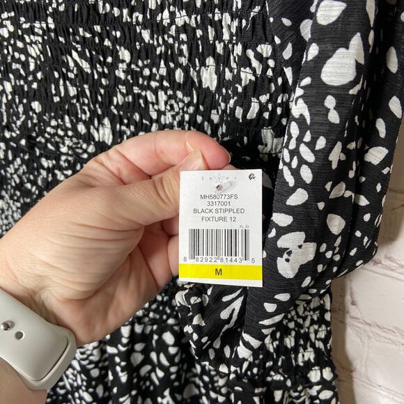 Fever Black White Dot Print Smocked Ruffled 3/4 Sleeve Top Women Medium New Mono - Picture 6 of 9